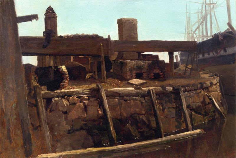 Albert Bierstadt Wharf Scene with Ship at Dock oil painting image